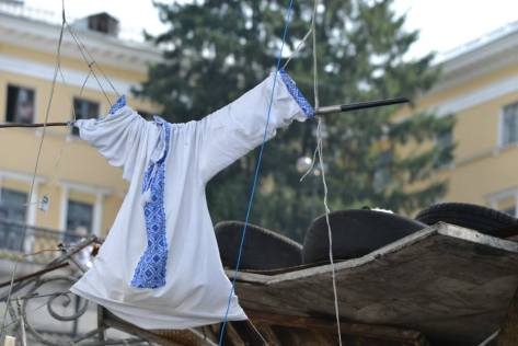 A traditional Ukrainian vyshyvanka (embroidered shirt) hung up on Independence Square. Courtesy of Daniela Schmiedlechner