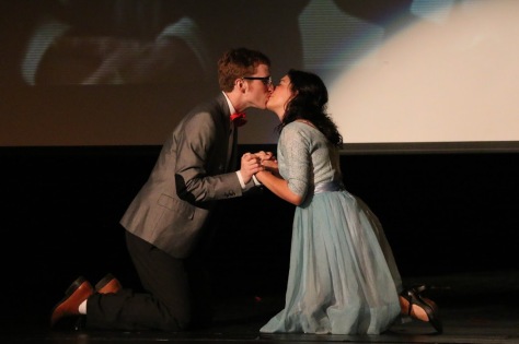 Peter Gernon and Kenadi Silcox, as Brad Majors and Janet Weiss, share a kiss at the end of the musical number “Dammit Janet.” Photo Credit: Danielle Maingot/FOGHORN