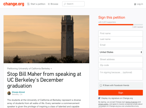There are almost 6,000 signatures on a Change.org petition authored by a Berkeley student calling for the revocation of the invitation made to Bill Maher to speak at this semester's commencement.more than just gardening. Students serve the greater community by cooking free dinners with the food they harvest and glean. PHOTO COURTESY OF CHANGE.ORG